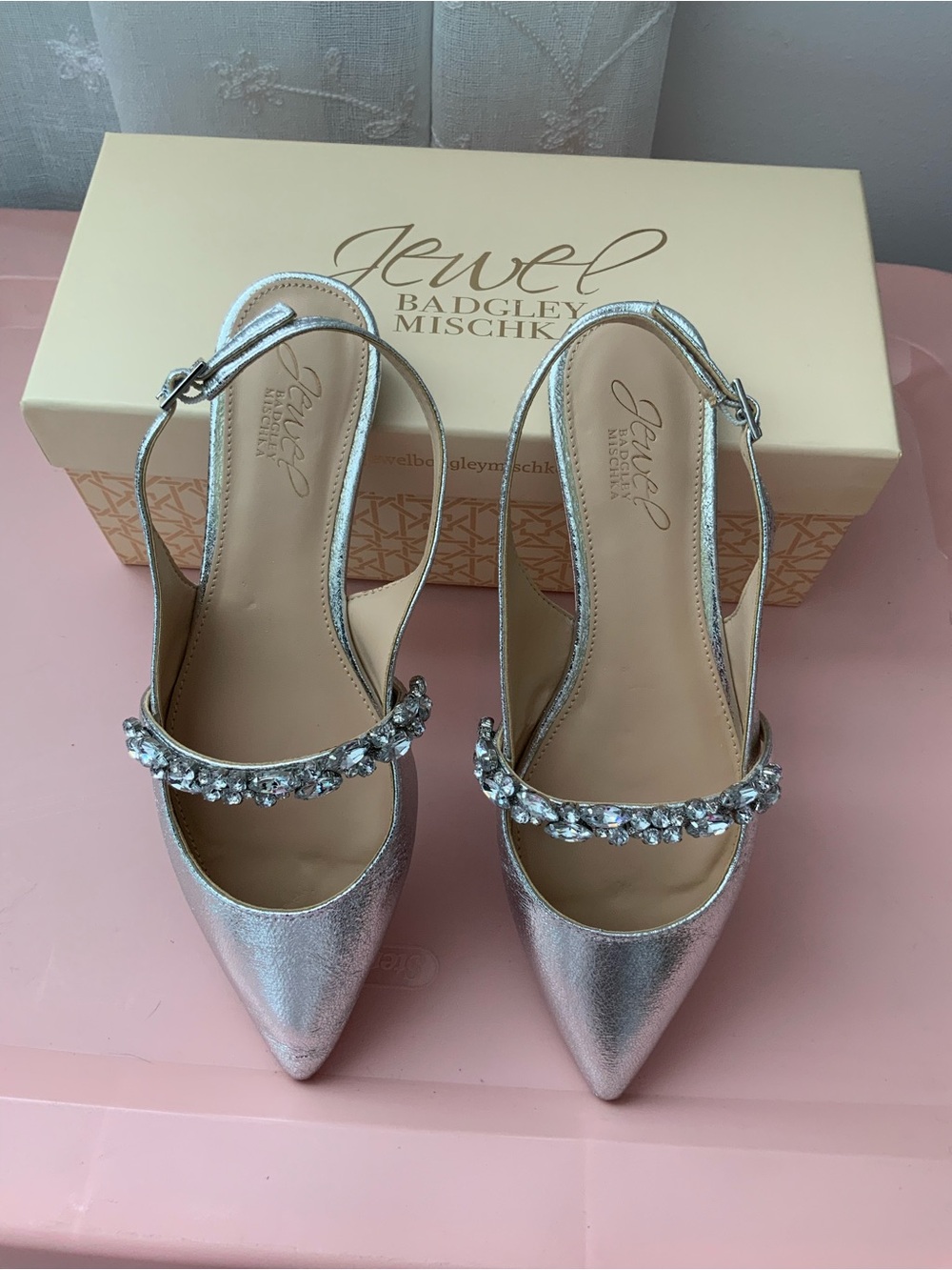 Badgley Mischka Silver Jeweled Pointed-Toe Slingback Pumps